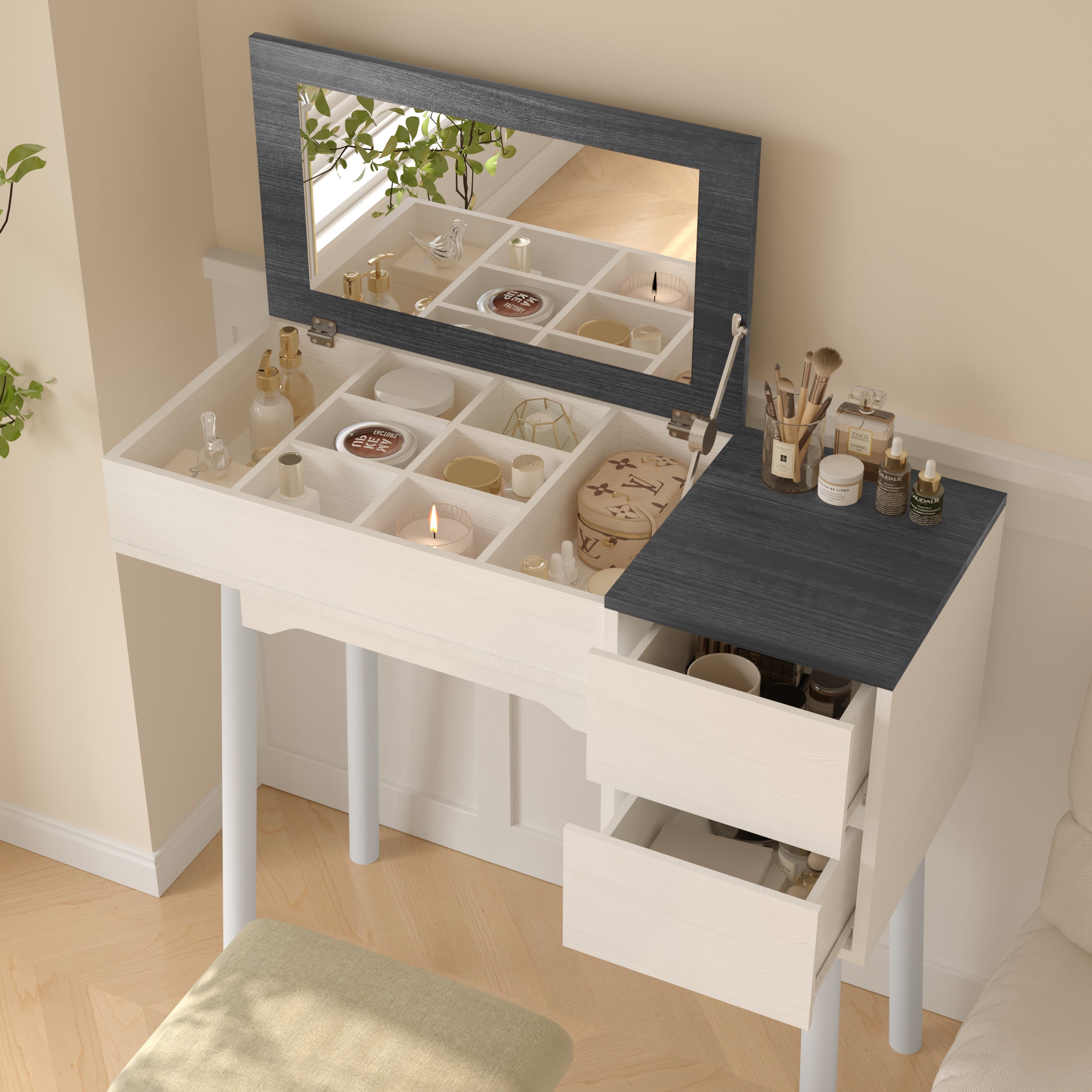 Vanity Desk with Flip Top Mirror, Makeup Vanity Table Set with Chair, Makeup Desk with 2 Drawers and 8 Storage Compartments, Dressing Table for Bedroom, White
