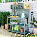 TOPMAX 65' Large Wooden Farmhouse Rustic Outdoor Potting Bench Table, Patio Workstation, Garden Potting Bench with 4 Storage Shelves and Side Hook,Green