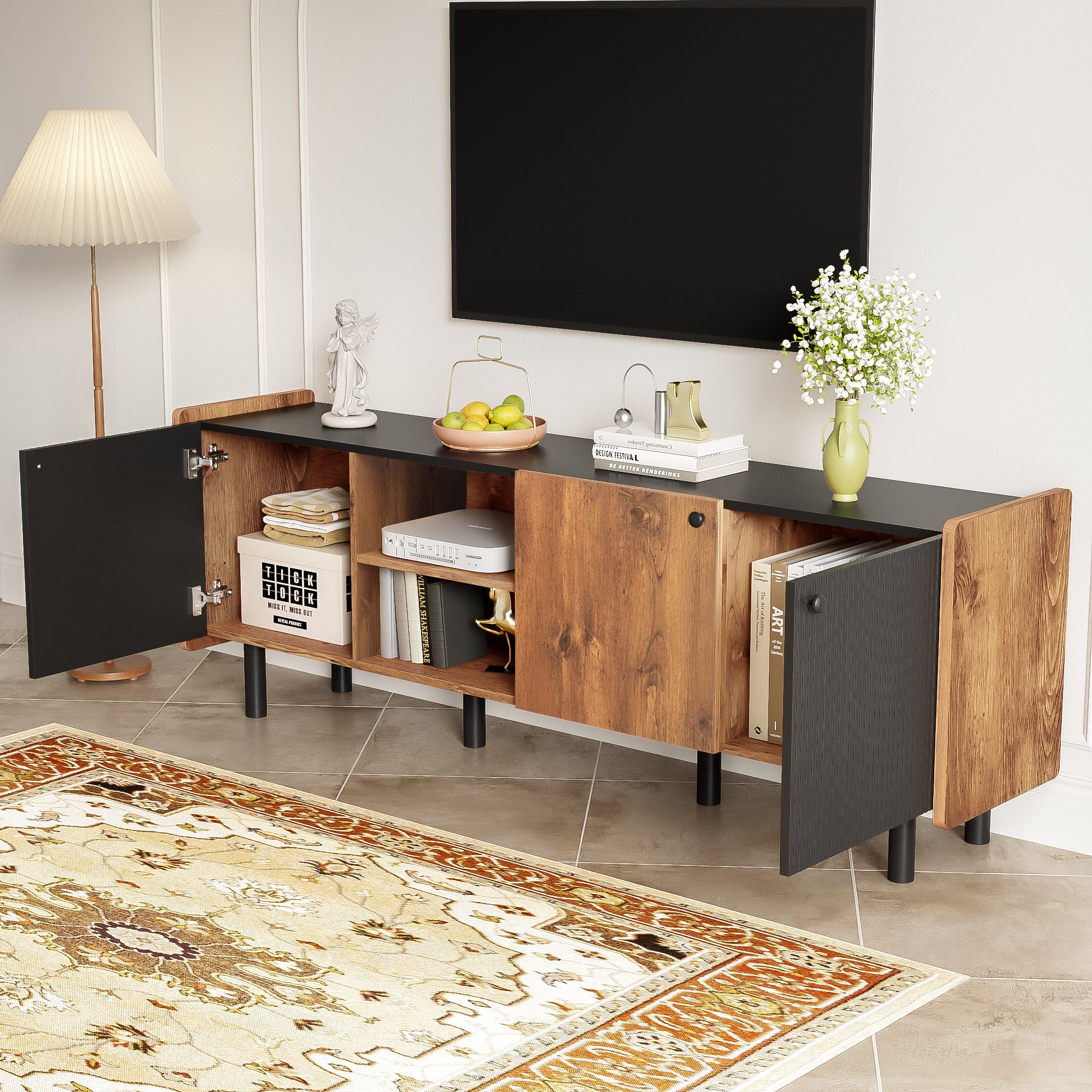 Mid Century TV Stand with 3 Cabinets, Media Console Table for TVs up to 70'', Entertainment Center with Storage for Living room, Bedroom, Black Color Top Panel & Handle