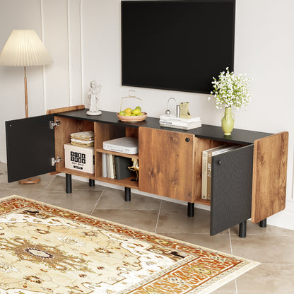 Mid Century TV Stand with 3 Cabinets, Media Console Table for TVs up to 70'', Entertainment Center with Storage for Living room, Bedroom, Black Color Top Panel & Handle