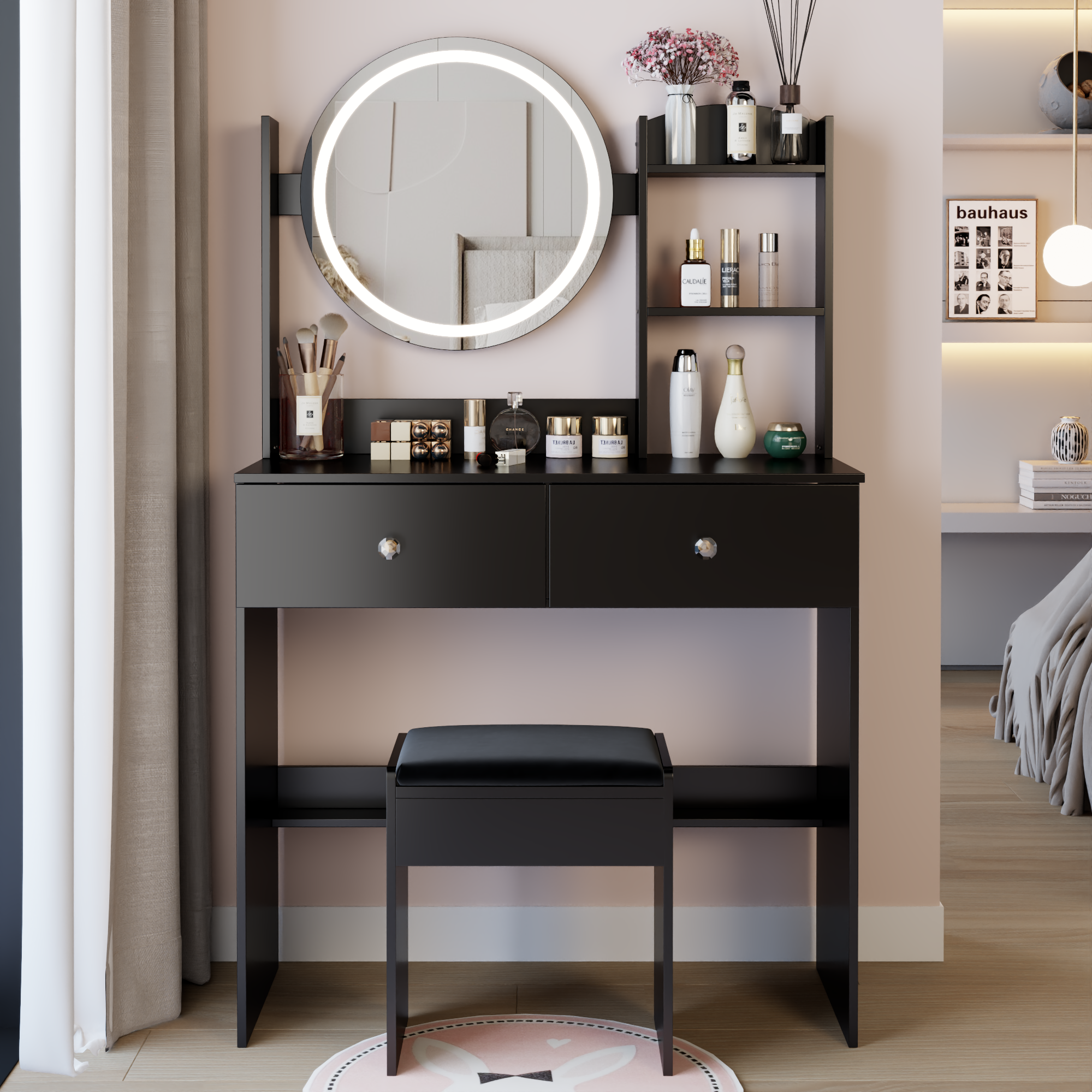 17' Round LED Mirror Vanity Table + Soft Cushion Stool Set, Large Mirror, Touch Switch, 3 colors, Adjustable Brightness, Large Desktop, Multi-layer High Capacity Storage, Suitable For Small Space