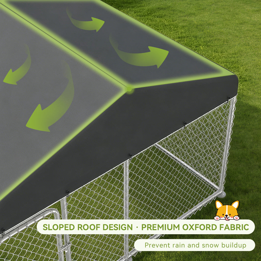 Close-up of an outdoor dog kennel with a sloped roof design made of premium Oxford fabric, showing arrows indicating water runoff to prevent rain and snow buildup in a garden setting.