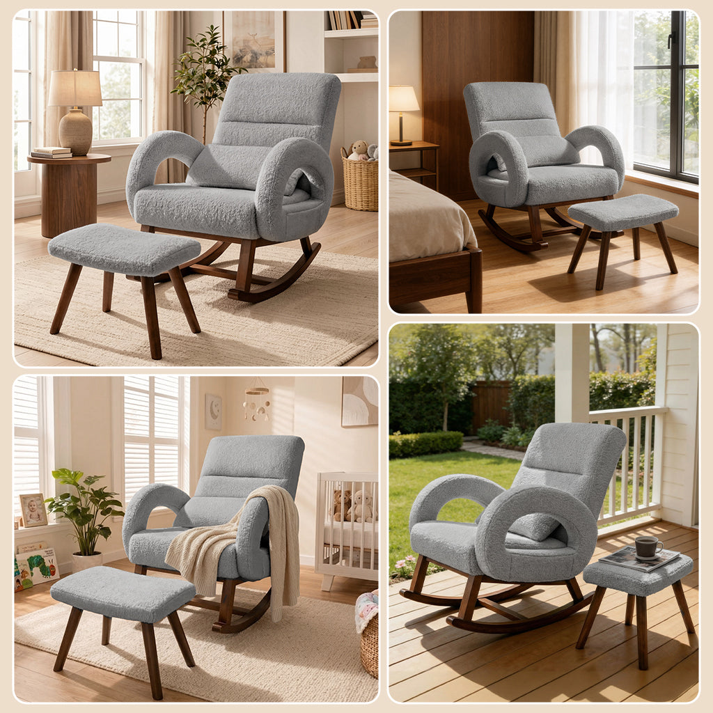 COMHOMA Teddy Fabric Rocking Chair Nursery with Ottoman & Lumber Pillow H007