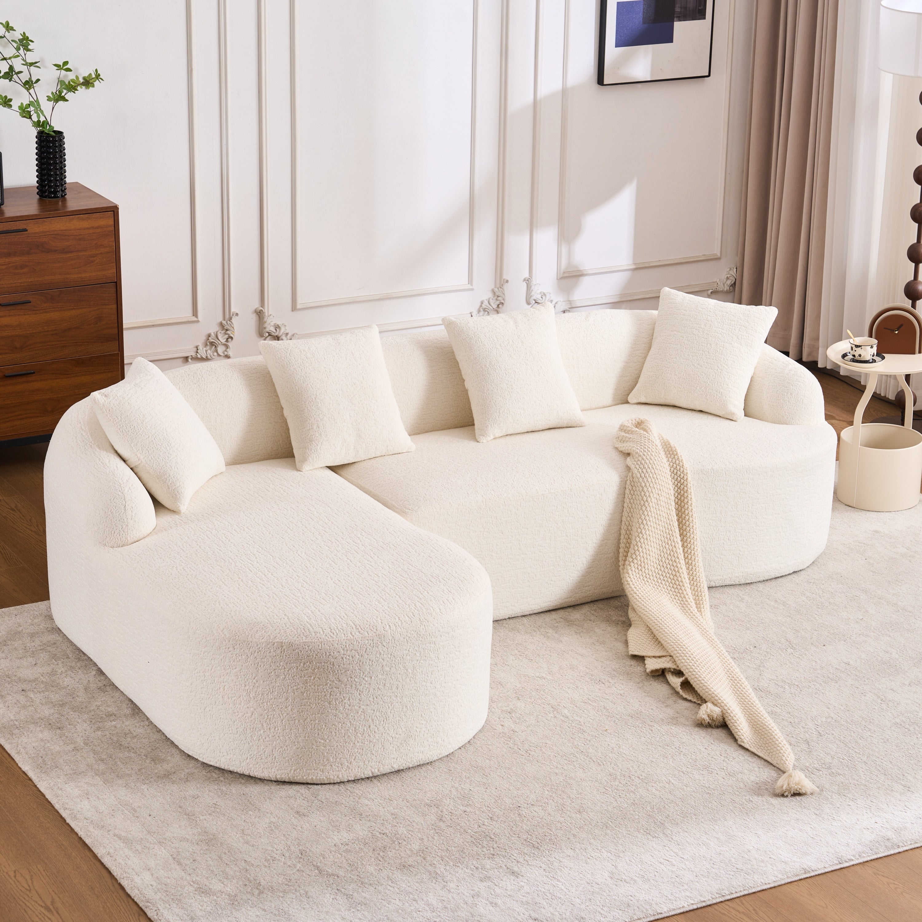 Boneless L-Shape Sectional Sofa with Curved Chaise,White Modular Chenille Compression Couch,30D High-Density Foam,Minimalist Modular Couches Sleeper for Living Room Bedroom Apartment Lounge.