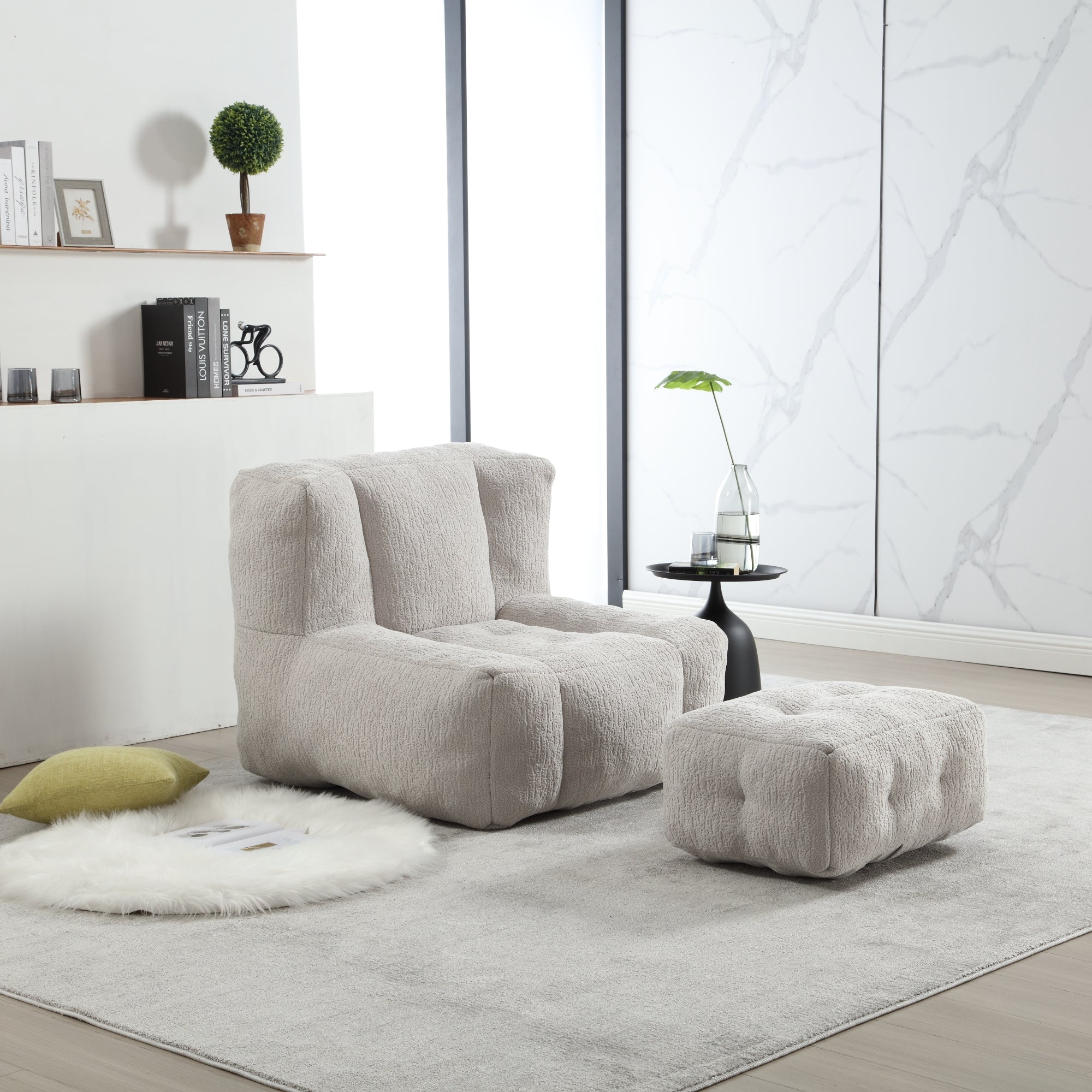 Fluffy bean bag chair, comfortable bean bag for adults, super soft lazy sofa chair with memory foam and ottoman, indoor modern focus bean bag chair for living room, bedroom, apartment