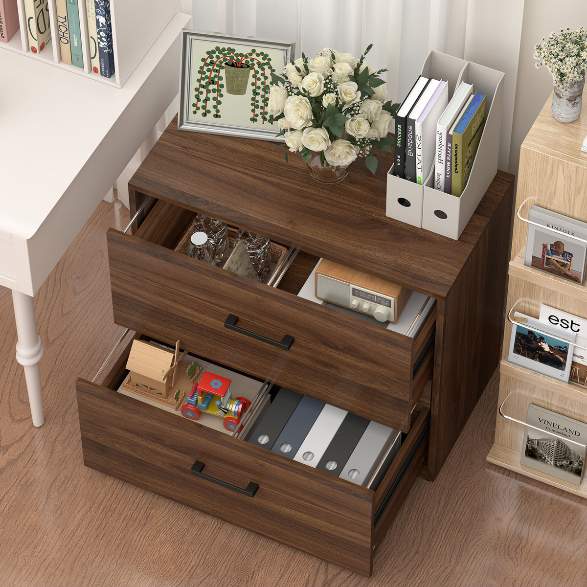 28.5' Wide 2-Drawer Lateral File Cabinet, Modern Wood Filing Cabinet with Hanging File Storage, Metal Handles and Spacious Printer Stand for Home Office, Dark Walnut Finish