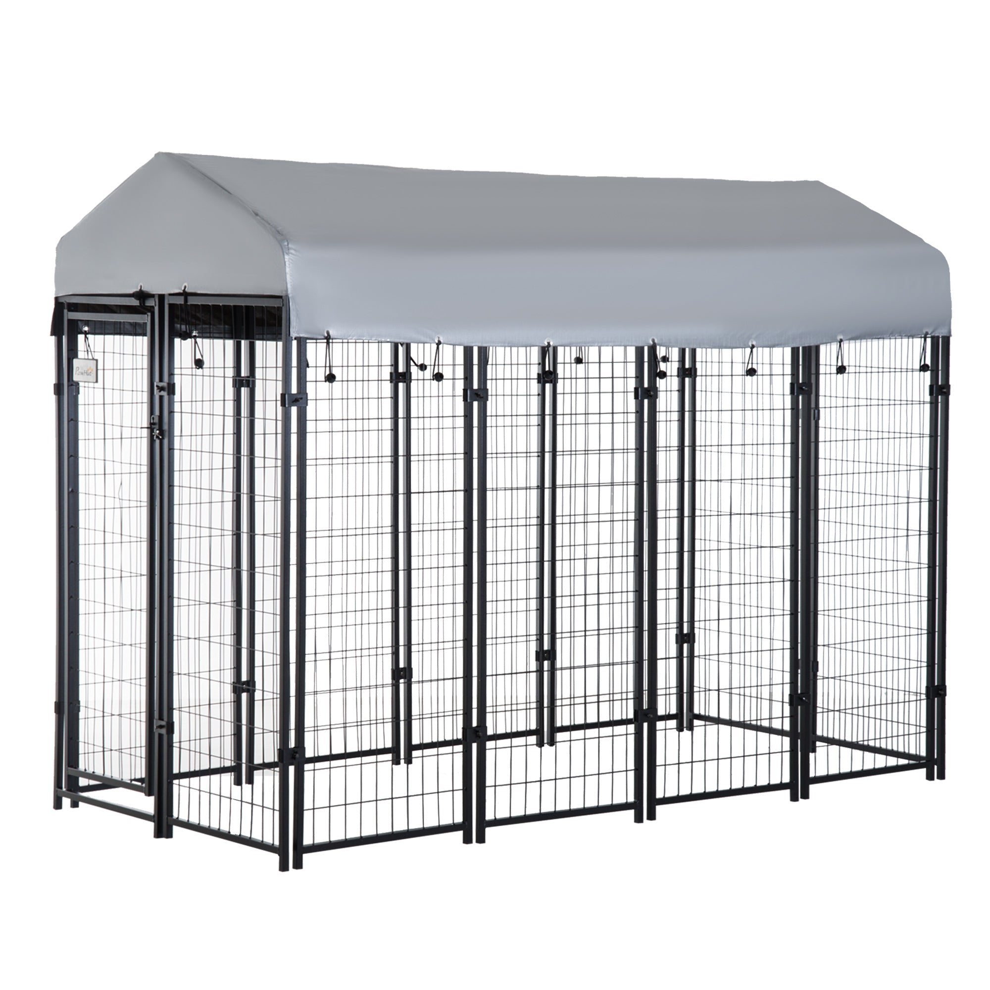 Outdoor dog playpen with black steel frame and lockable door, covered by a water-resistant gray canopy, designed for medium and large dogs.