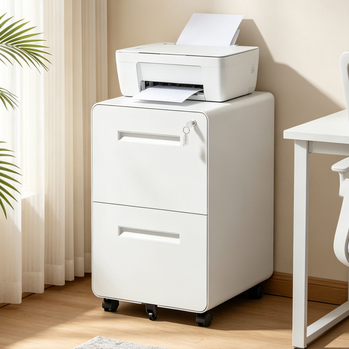 2 Drawer Metal Mobile File Cabinet with Lock, All-Steel Metal Storage Cabinet on 360° Wheels, Fully Assembled, Holds A4/Letter/Legal Files, White Steel Office Storage Cabinet for Home Office