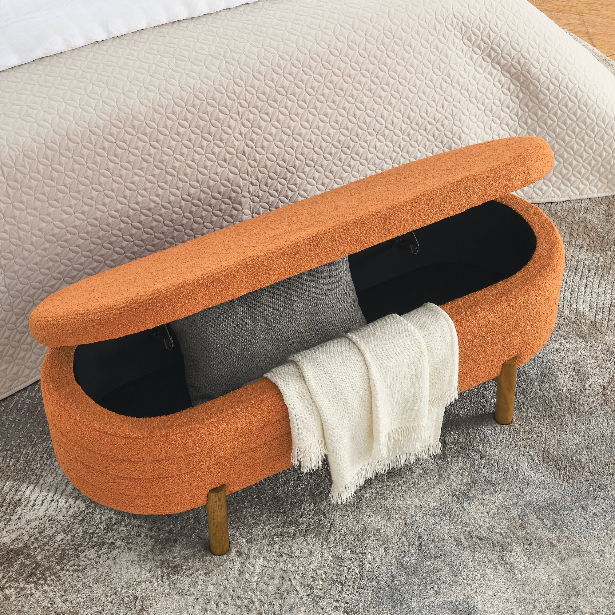Ottoman Oval Storage Bench,Rubber Wood Leg,Orange(46.'x17.7'x10.8')