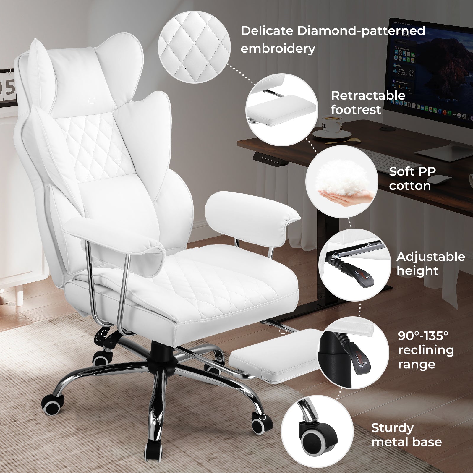 White chair with feature callouts