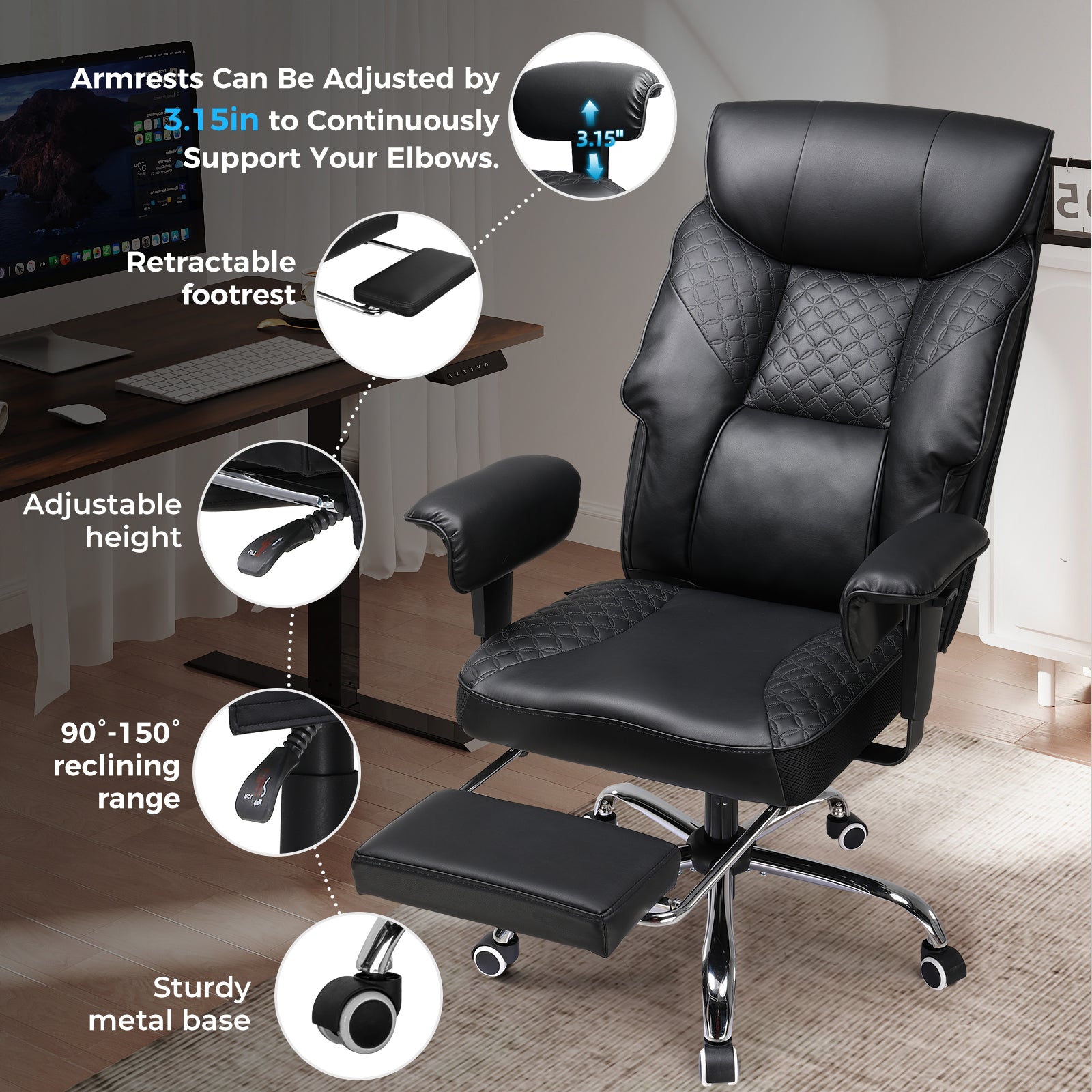 COMHOMA Big and Tall Office Chair 400lbs, 90°-150° Recline CH810