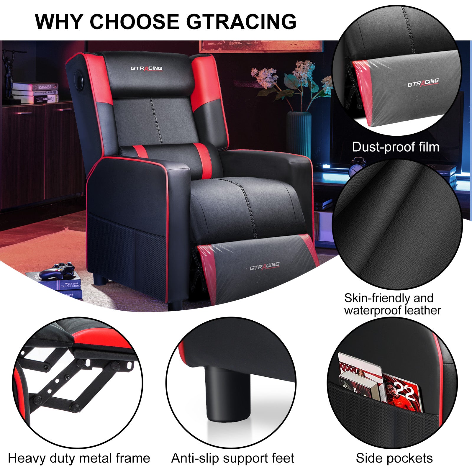 GTPLAYER Gaming Massage Recliner with Bluetooth Speakers GT208M
