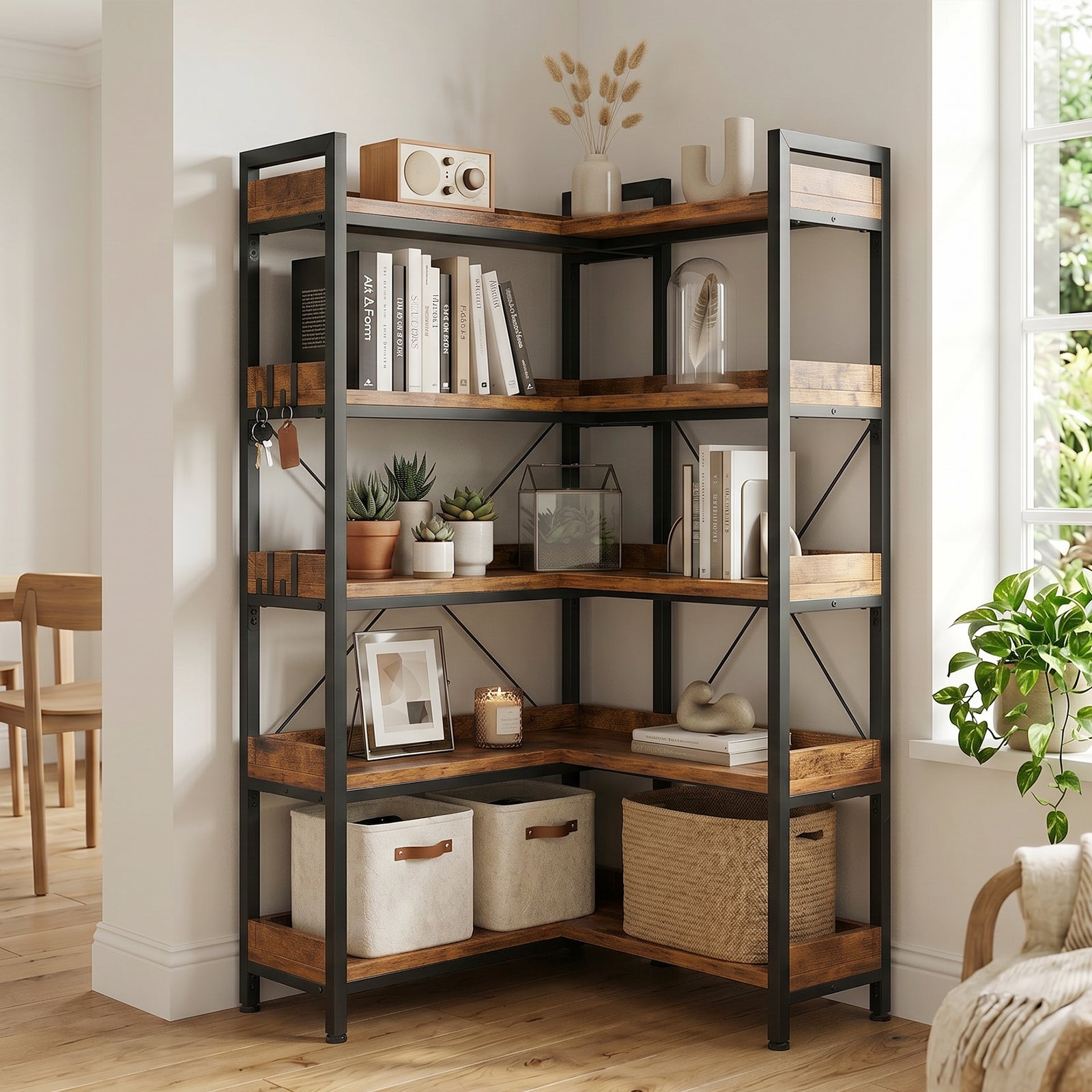 COMHOMA 5-Tier/6-Tier Corner Bookshelf, L-Shaped Metal Frame Shelf with Tall 14" Shelves HBOK1