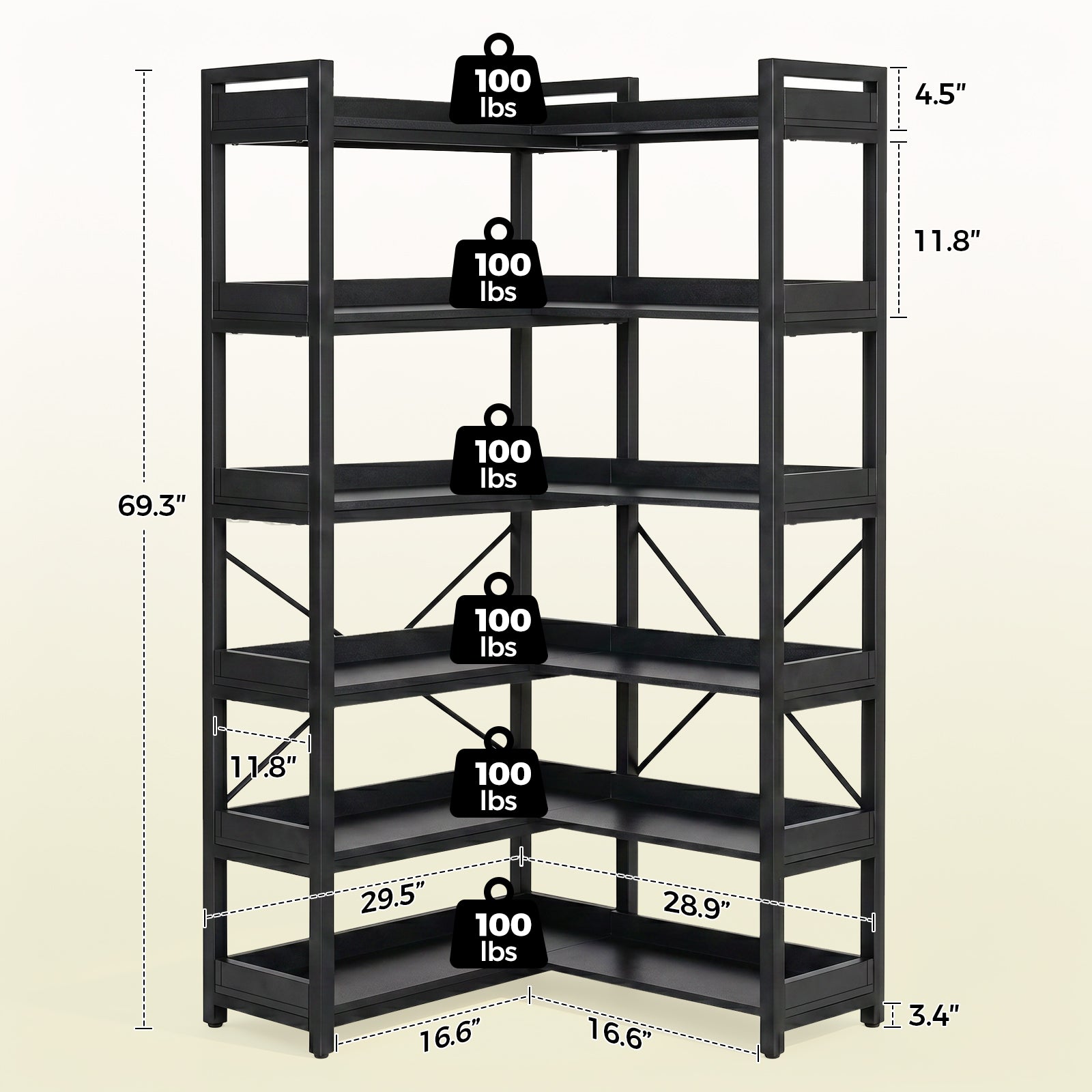 COMHOMA 5-Tier/6-Tier Corner Bookshelf, L-Shaped Metal Frame Shelf with Tall 14" Shelves HBOK1
