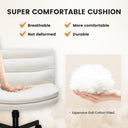 Close-up of a breathable, durable office chair cushion being pressed by a hand, highlighting features like comfort and non-deformation with text emphasizing "Super comfortable cushion" and "Expensive Doll Cotton Filled" in the office furniture collection.