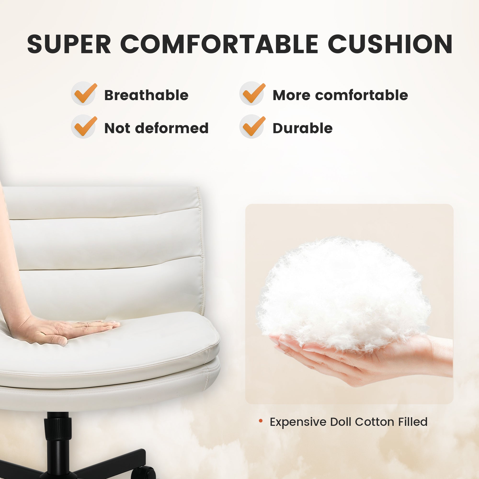 Close-up of a breathable, durable office chair cushion being pressed by a hand, highlighting features like comfort and non-deformation with text emphasizing "Super comfortable cushion" and "Expensive Doll Cotton Filled" in the office furniture collection.