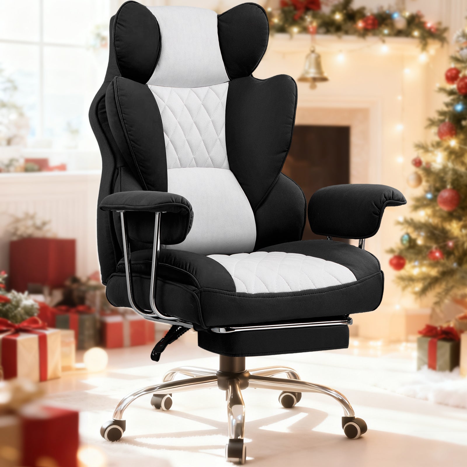 Black and white chair in living room setting.