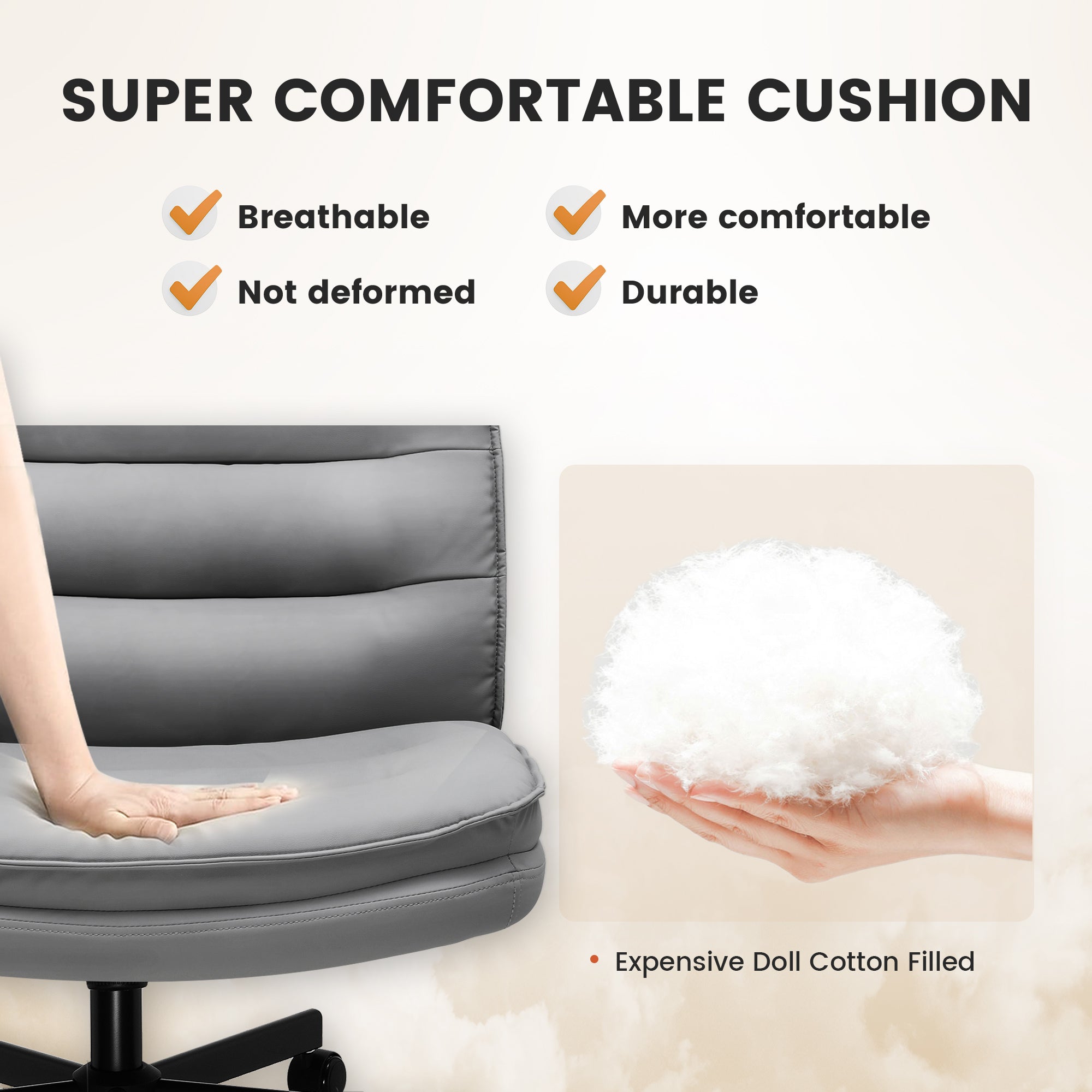 Hand pressing a breathable, durable office chair cushion with text listing features: breathable, not deformed, more comfortable, durable, and a hand holding white doll cotton filling labeled expensive doll cotton filled.