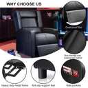 Black reclining chair with ergonomic design shown alongside close-ups of dust-proof film, waterproof leather, heavy duty metal frame, anti-slip feet, and side pockets, suited for office and gaming environments.