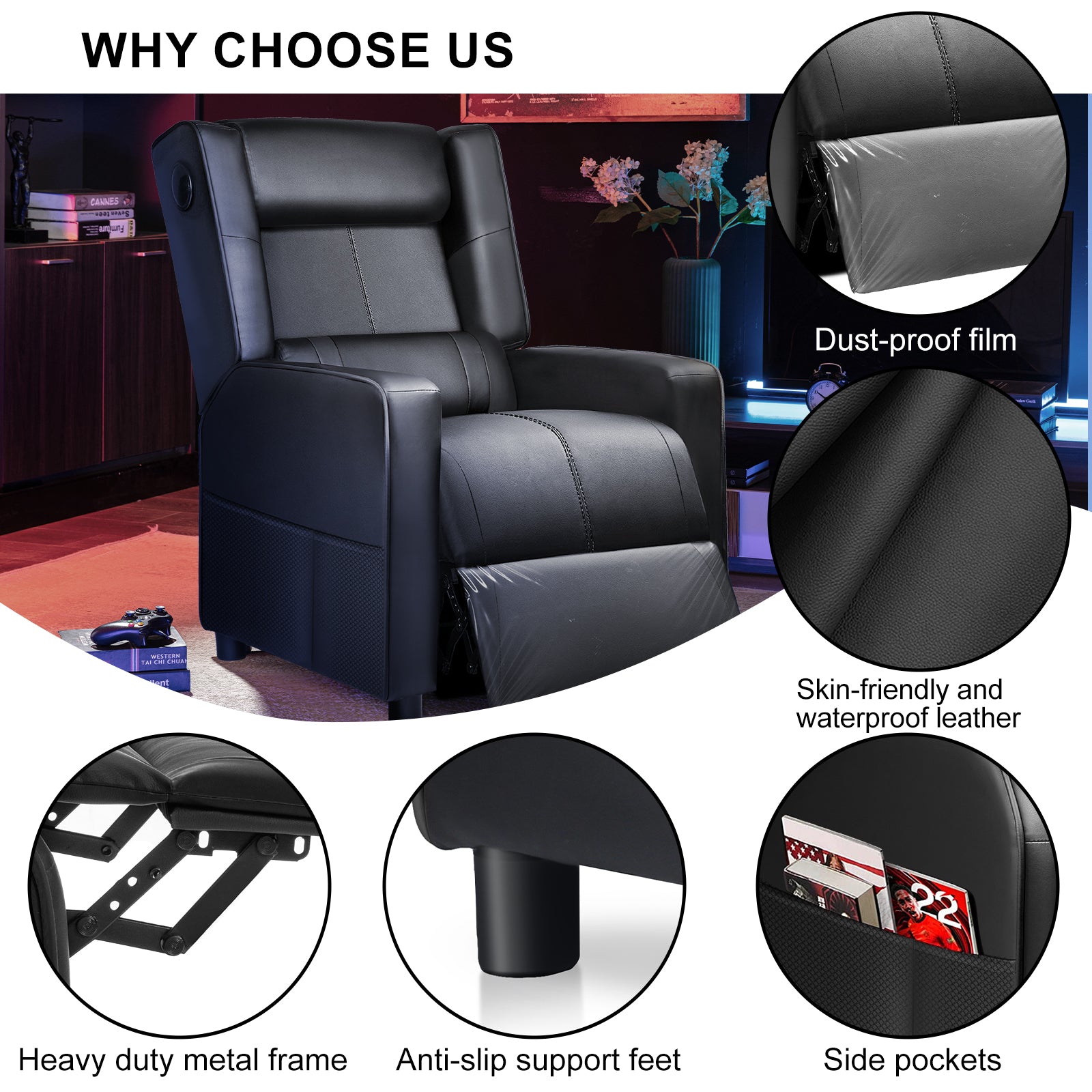 Black reclining chair with ergonomic design shown alongside close-ups of dust-proof film, waterproof leather, heavy duty metal frame, anti-slip feet, and side pockets, suited for office and gaming environments.