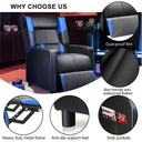 Black and blue ergonomic recliner chair with dust-proof film, skin-friendly waterproof leather, heavy duty metal frame, anti-slip feet, and side pockets, suitable for office and gaming use.