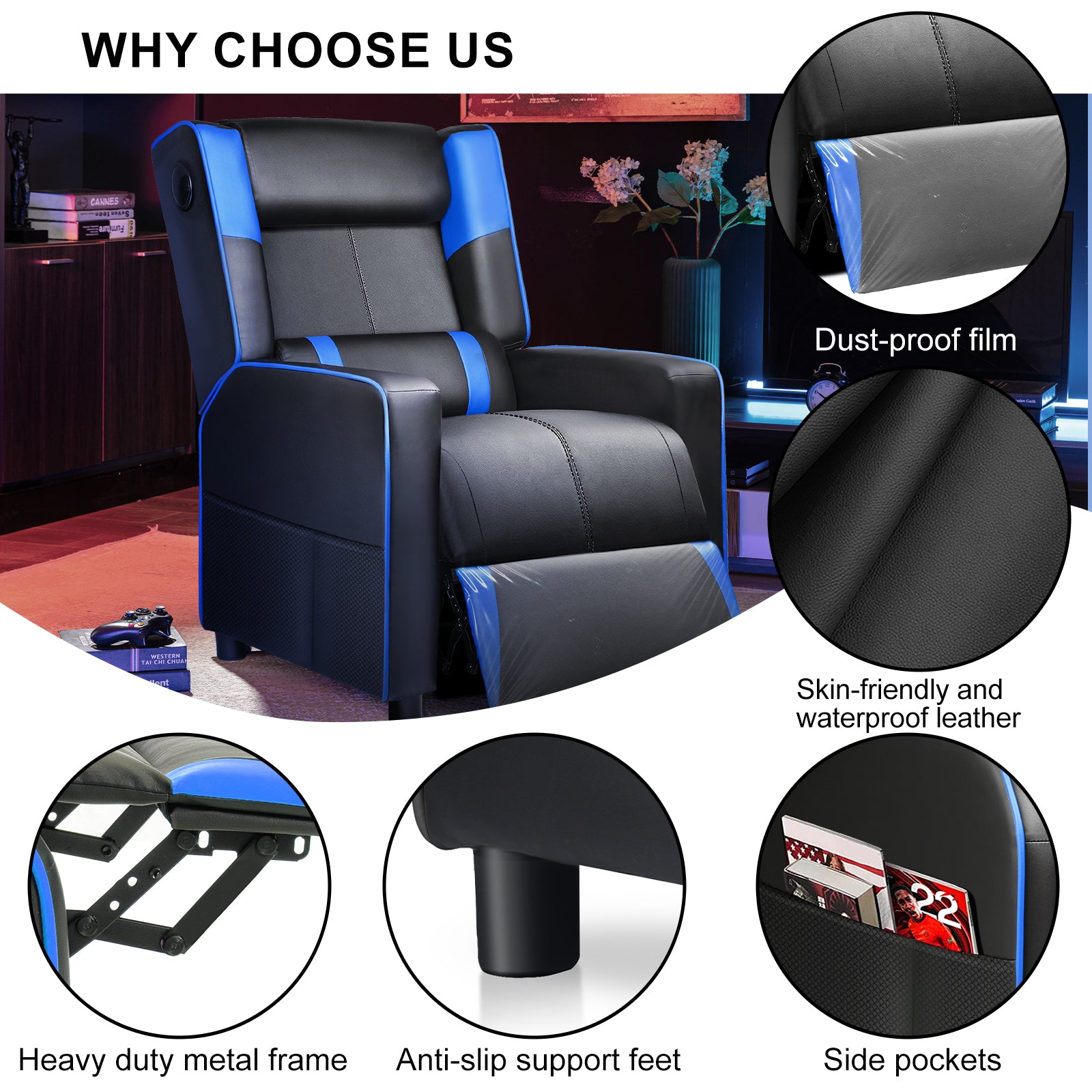 Black and blue ergonomic recliner chair with dust-proof film, skin-friendly waterproof leather, heavy duty metal frame, anti-slip feet, and side pockets, suitable for office and gaming use.