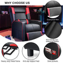 Black and red recliner chair with dust-proof film on footrest, skin-friendly waterproof leather, heavy duty metal frame, anti-slip support feet, and side pockets, shown with text "WHY CHOOSE US" and feature labels, suitable for office furniture and recliner collections.