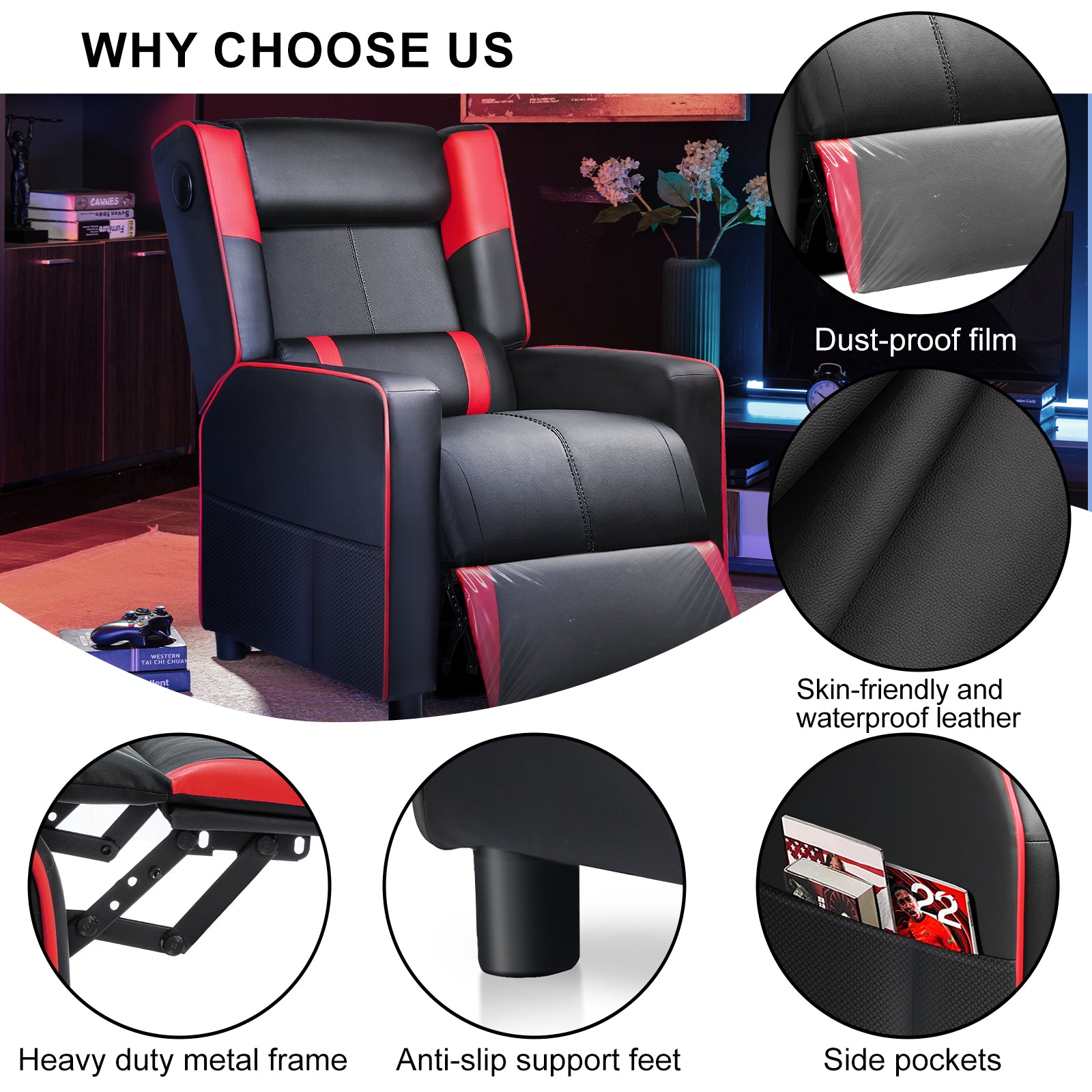 Black and red recliner chair with dust-proof film on footrest, skin-friendly waterproof leather, heavy duty metal frame, anti-slip support feet, and side pockets, shown with text "WHY CHOOSE US" and feature labels, suitable for office furniture and recliner collections.