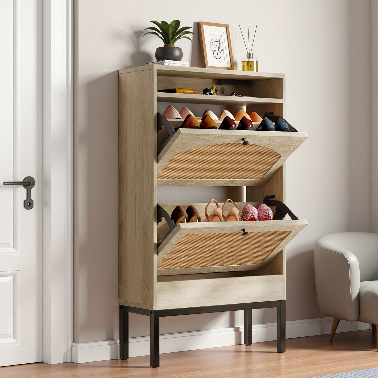 Shoe Storage Cabinet with 2 Flip Drawers & Charging Station