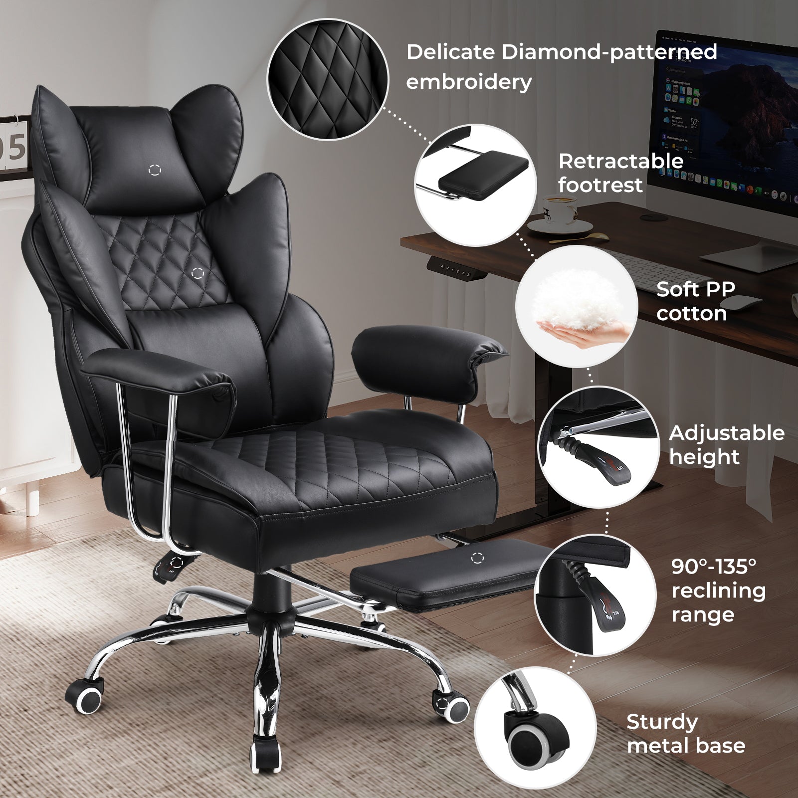 COMHOMA Leather Game & Office Chair with Lumbar Support & Adjustable Footrest GT205