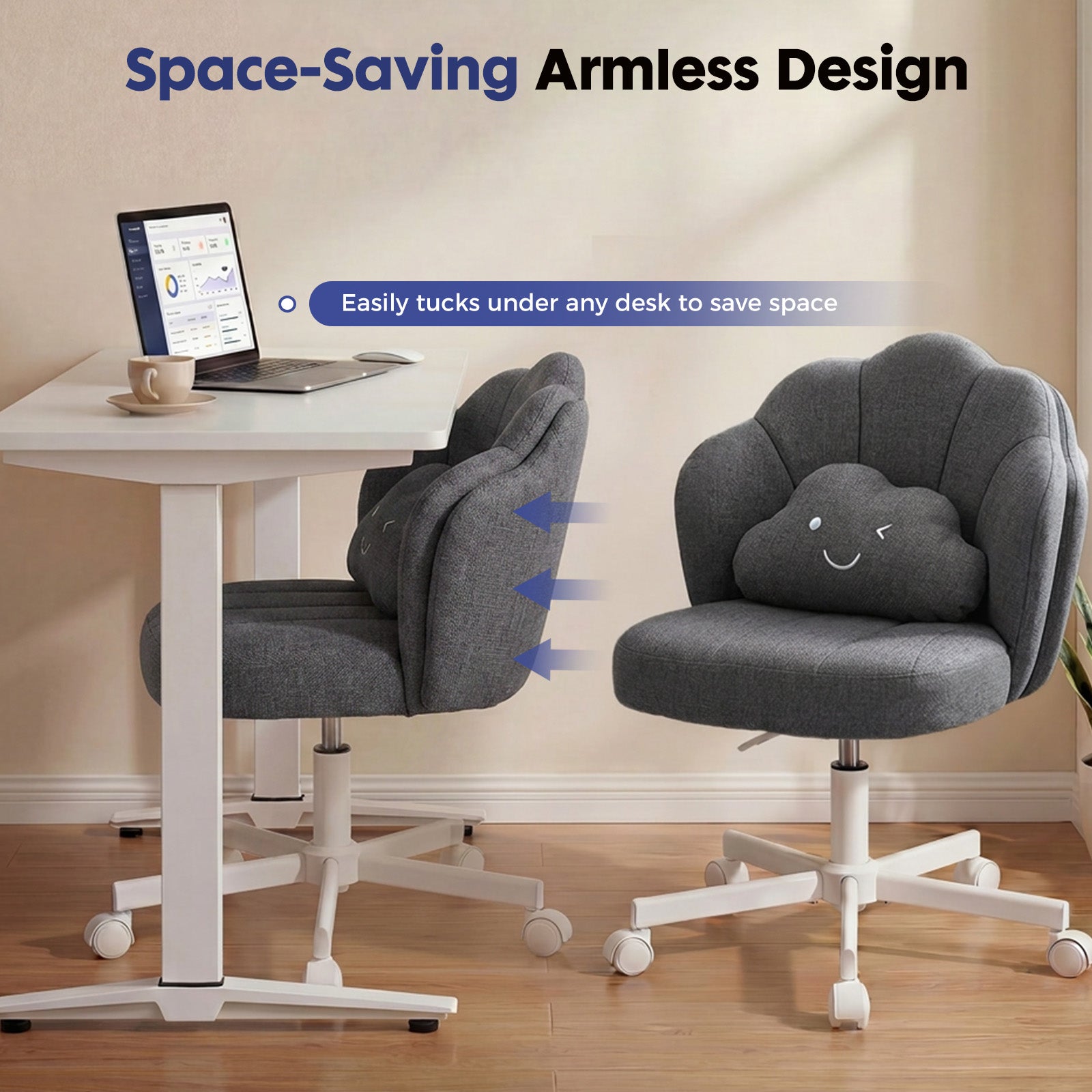 Ergonomic grey armless office chair with petal design and a smiling cloud cushion, shown easily sliding under a white adjustable desk, highlighting space-saving features.