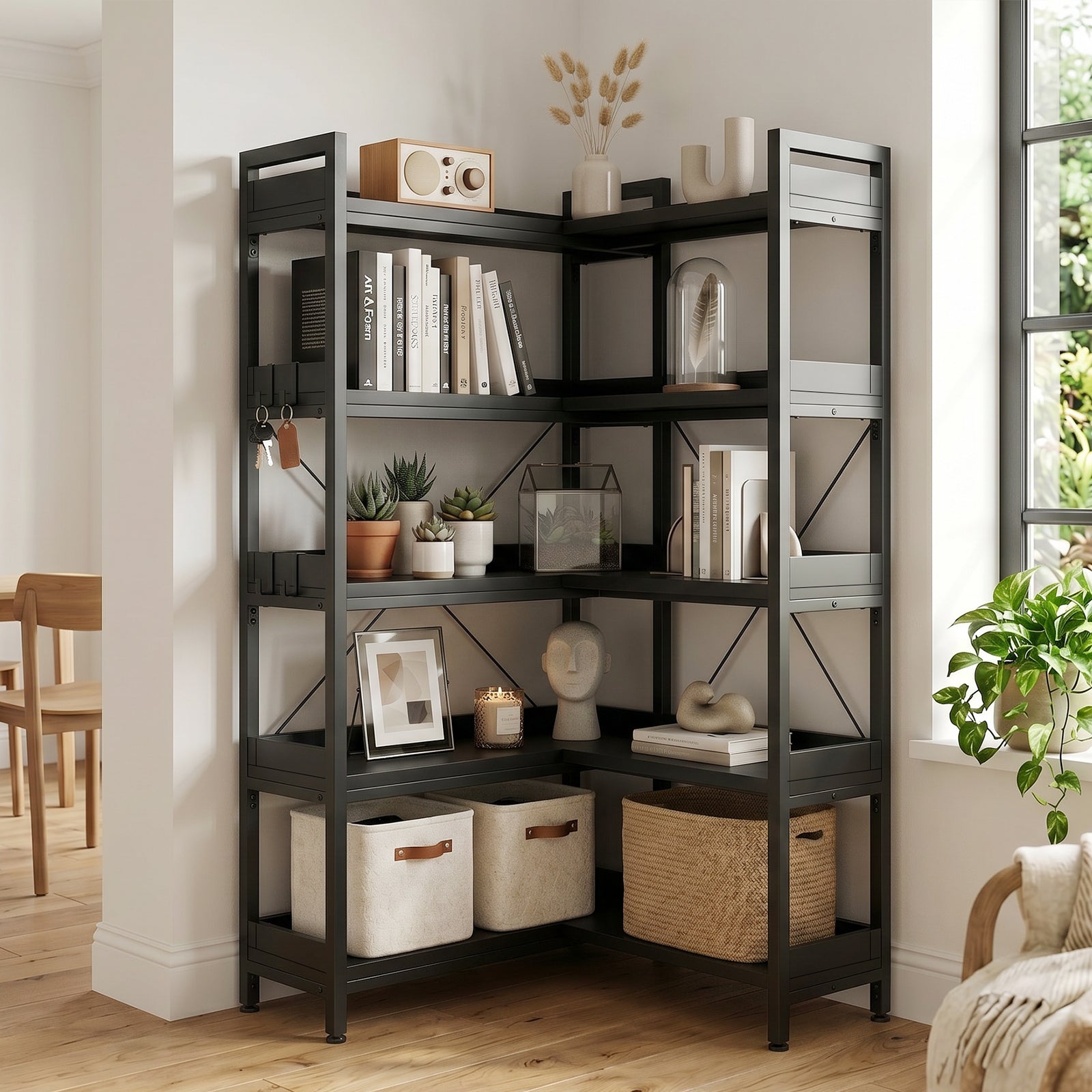 COMHOMA 5-Tier/6-Tier Corner Bookshelf, L-Shaped Metal Frame Shelf with Tall 14" Shelves HBOK1