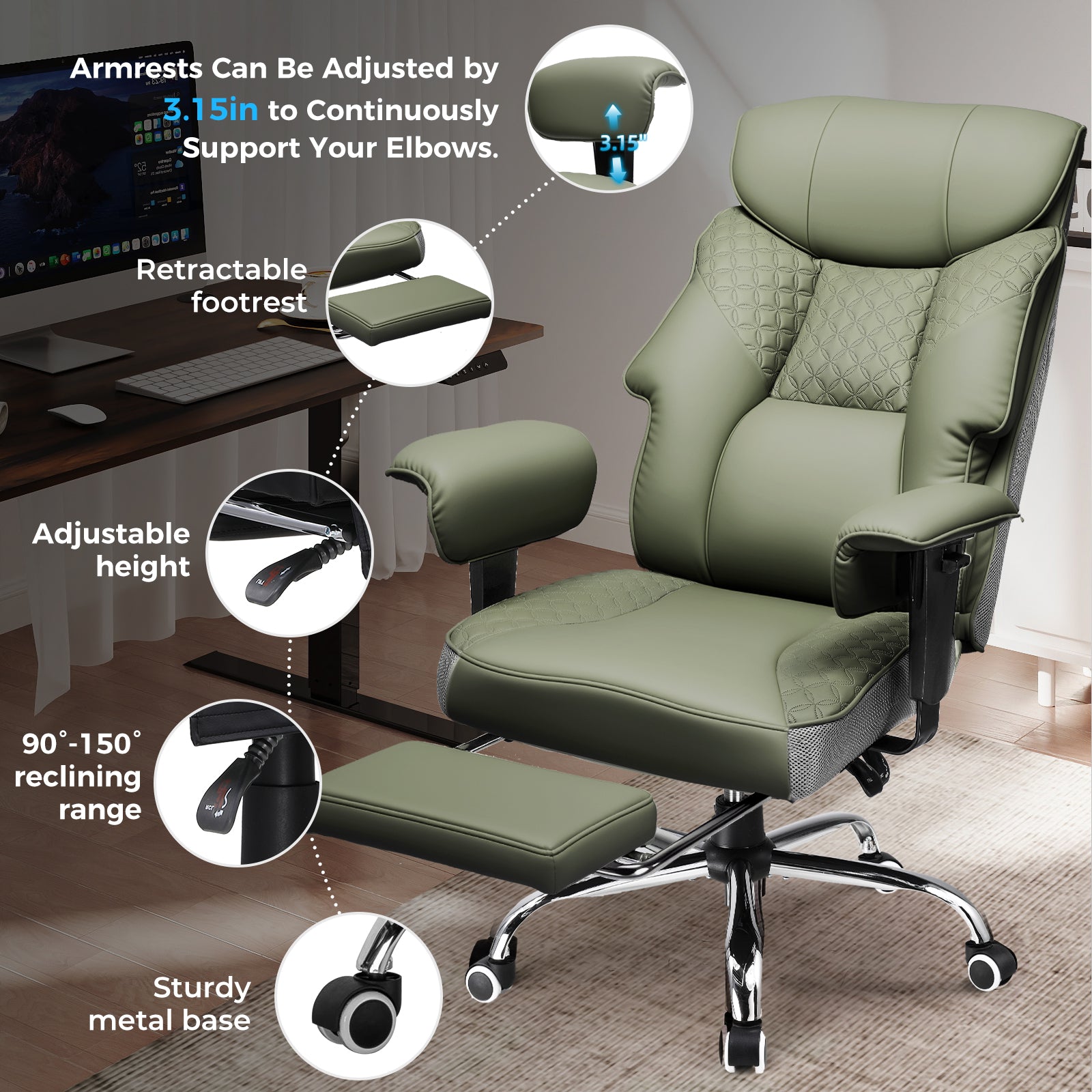 COMHOMA Big and Tall Office Chair 400lbs, 90°-150° Recline CH810