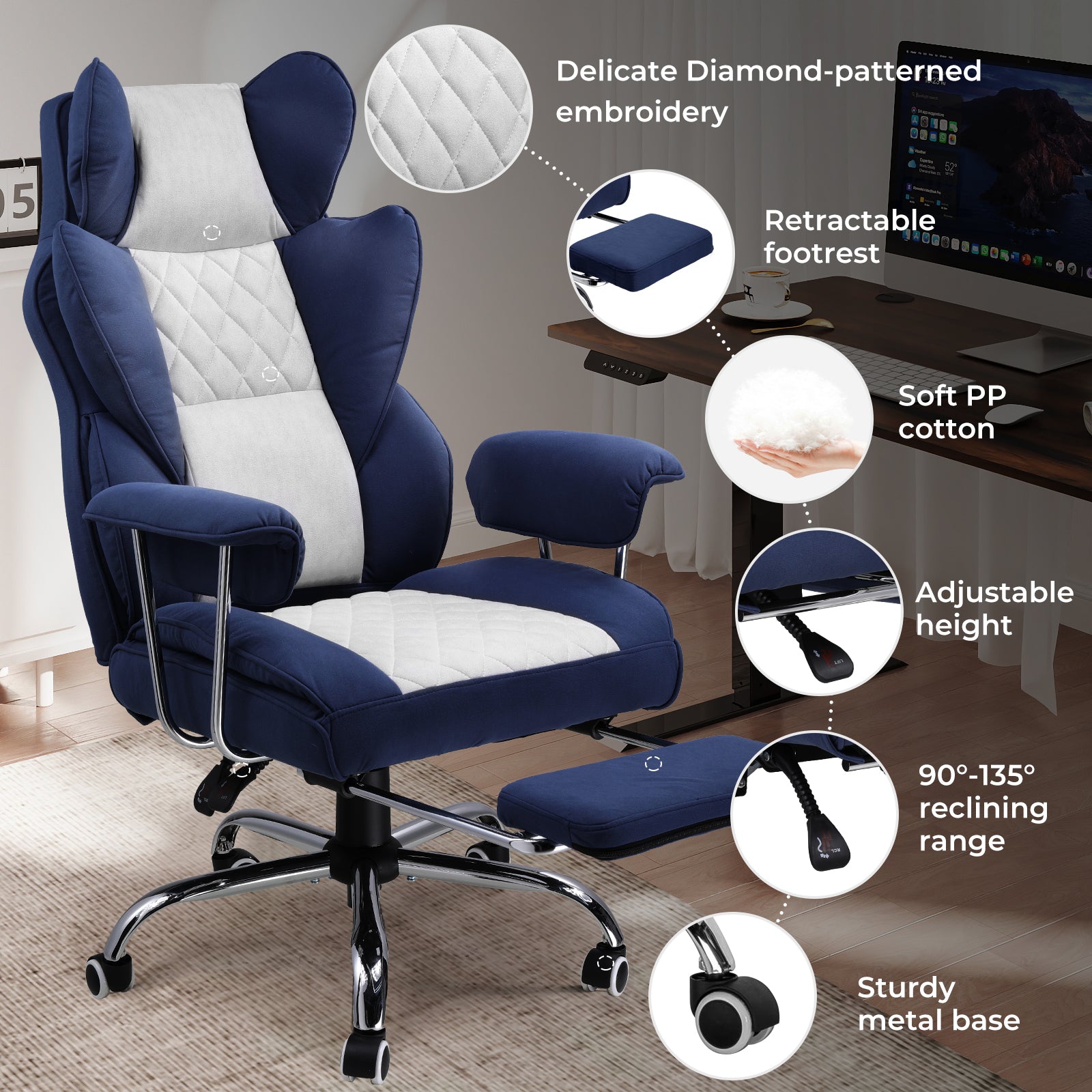Blue chair with detachable footrest in home setting.