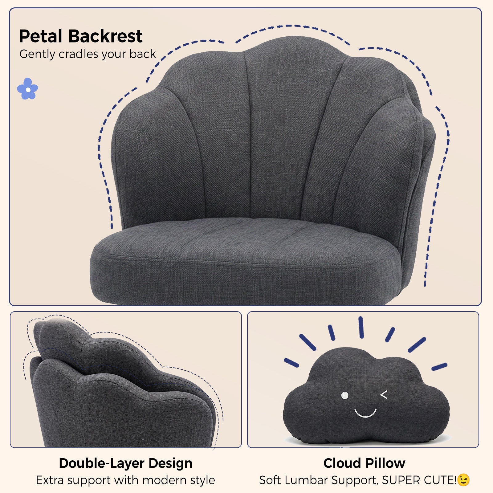 Dark gray ergonomic office chair with petal-shaped backrest, double-layer design for extra support, and a soft cloud-shaped lumbar pillow, suitable for makeup vanities and office desks.