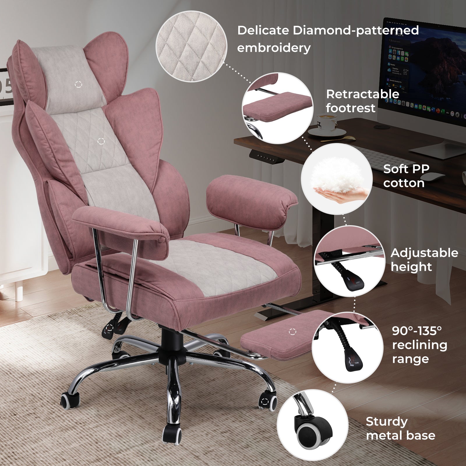 Chair with adjustable height and reclining range.