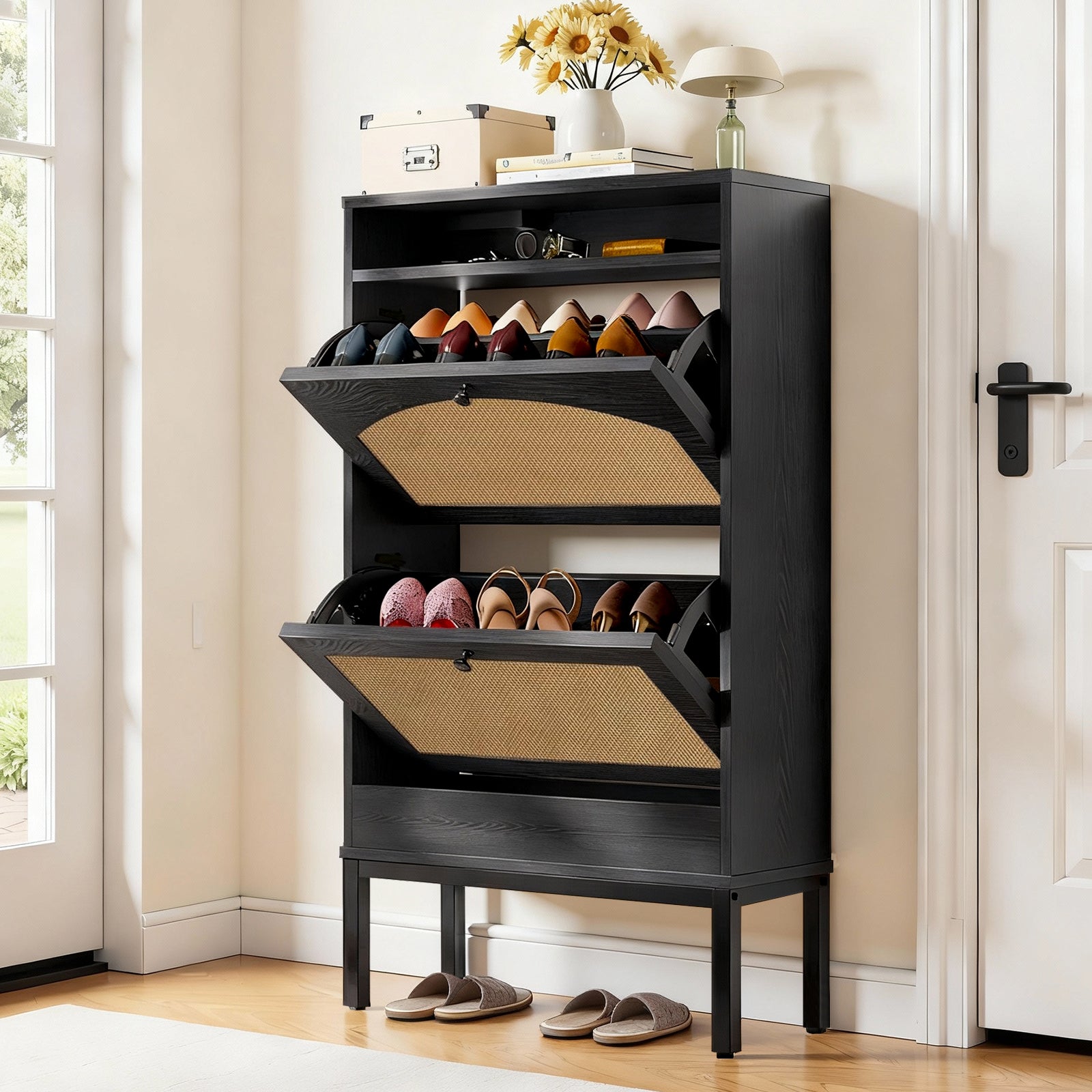 Shoe Storage Cabinet with 2 Flip Drawers & Charging Station