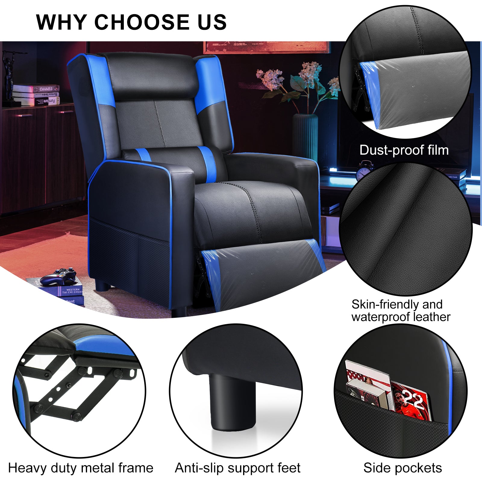 Black and blue ergonomic recliner chair with dust-proof film, skin-friendly waterproof leather, heavy duty metal frame, anti-slip support feet, and side pockets, featured in office furniture and game collection.