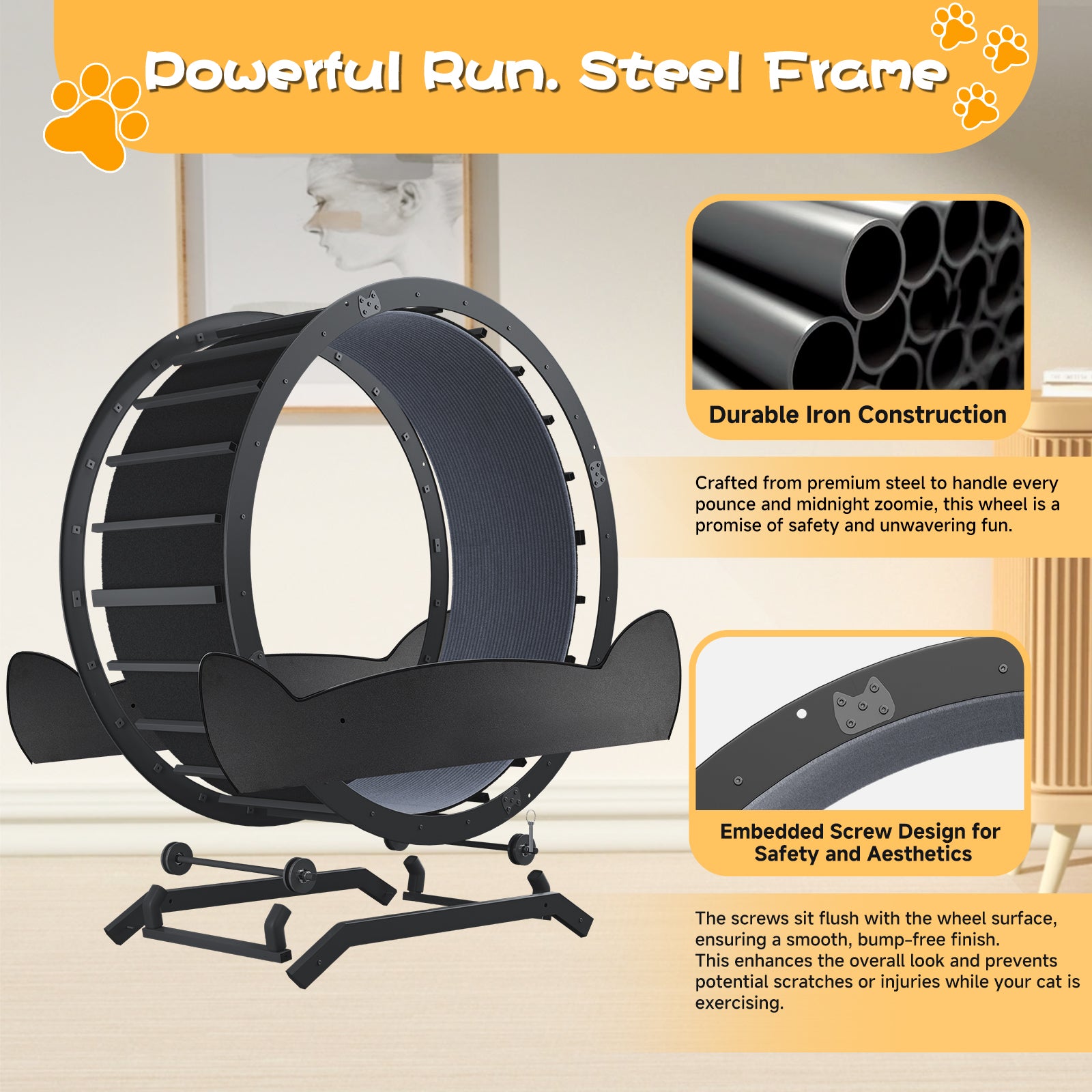LUCKLIFE® 40" Metal Large Cat Exercise Wheel with Detachable Carpet & Teaser/Stickers, PET-CEW