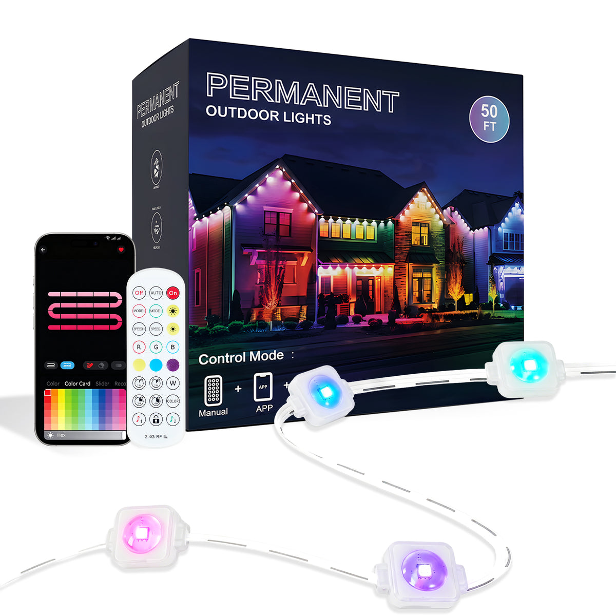 Outdoor Light,50ft with 30 LED Eaves Lights,Smart RGB Outdoor Lights with 75 Scene Modes,IP67 Waterproof,for Halloween Decorations,Christmas,Holiday,Party,with App and Remote