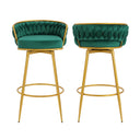 Modern Green Swivel Counter Height Bar Stools Set of 2 with Hand-Woven Backrest and Gold Metal Legs