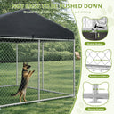 Dog inside a metal outdoor kennel with all weather resistant roof on grass, text "NOT EASY TO BE PUSHED DOWN", features include "Ground Fixing Nails—Prevent tipping and shifting," stable stakes illustration, reinforced wire 63mm spacing, and sturdy frame 32mm thickness, suitable for garden and outdoor pet supplies.