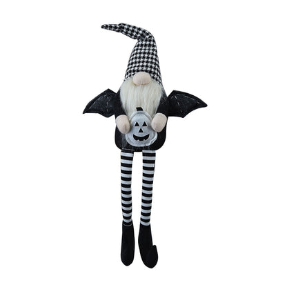 4.3x3.5x23.5' Fabric Sitting Black Gnome With Wings & Black-White Plaid Hat, for Halloween Decor