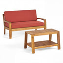 2-Piece Outdoor Teak Acacia Wood Conversation Set - Loveseat & Coffee Table with Red Water-Resistant Cushions, 350lbs Capacity for Patio, Deck & Backyard