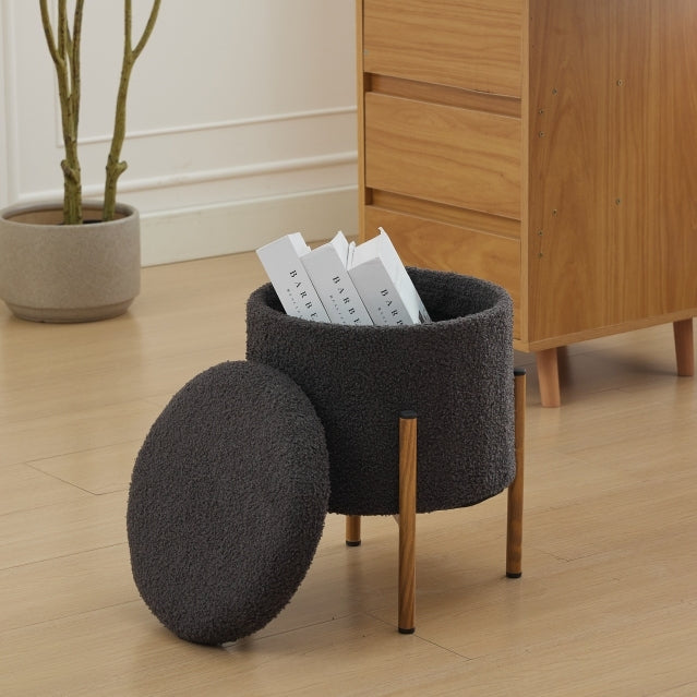 Modern Round Storage Ottoman, Ottoman Foot Stools With Metal Base, Ottoman Footstool with Removable Lid Storage Ottoman for Living Room, Bedroom, Makeup Room (Gray)