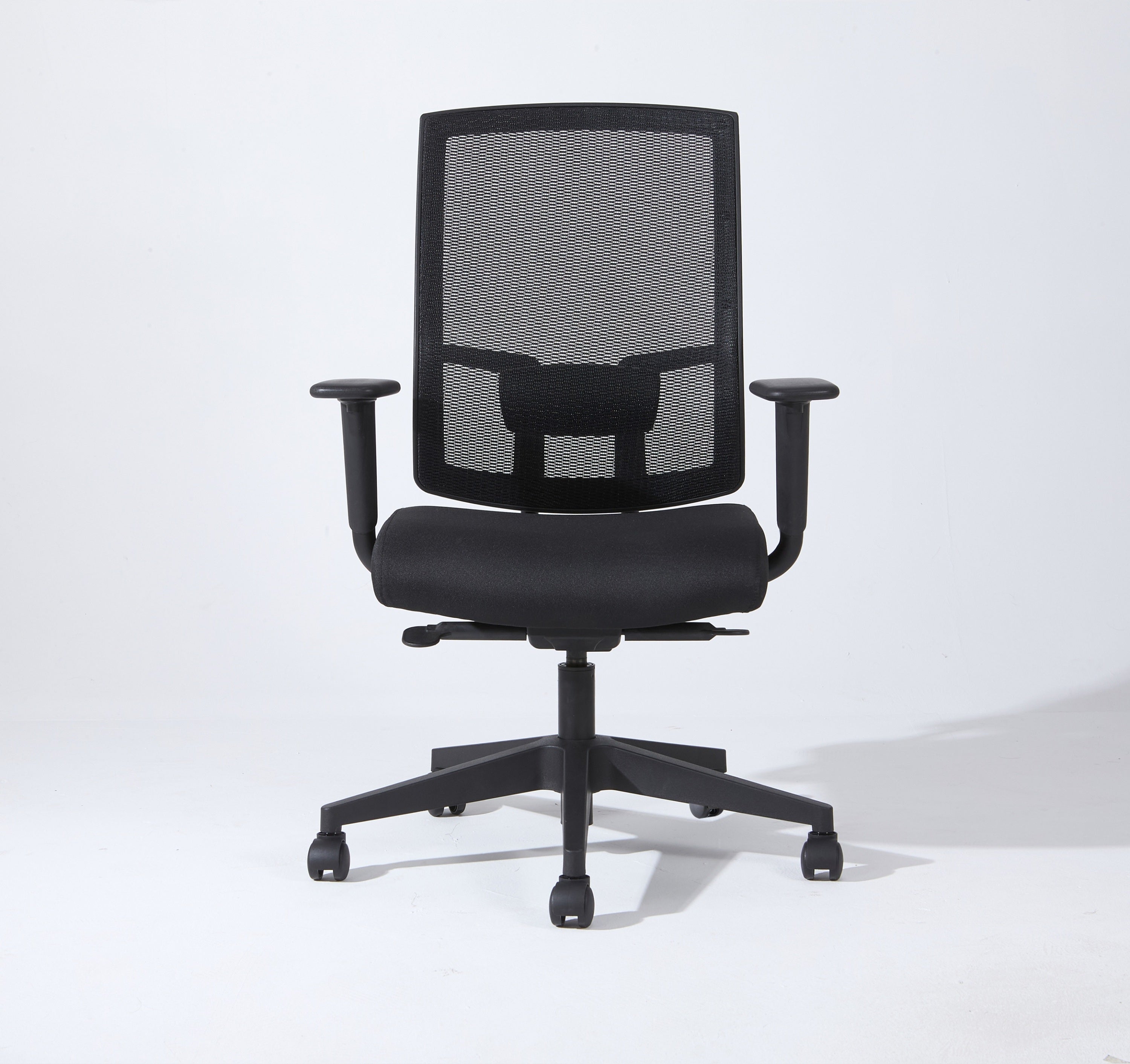 Black ergonomic office chair with mesh back, adjustable arms, cushioned polyester seat, and five-wheel base, suitable for office desk use in All Products and Low Back Office Chair collections.