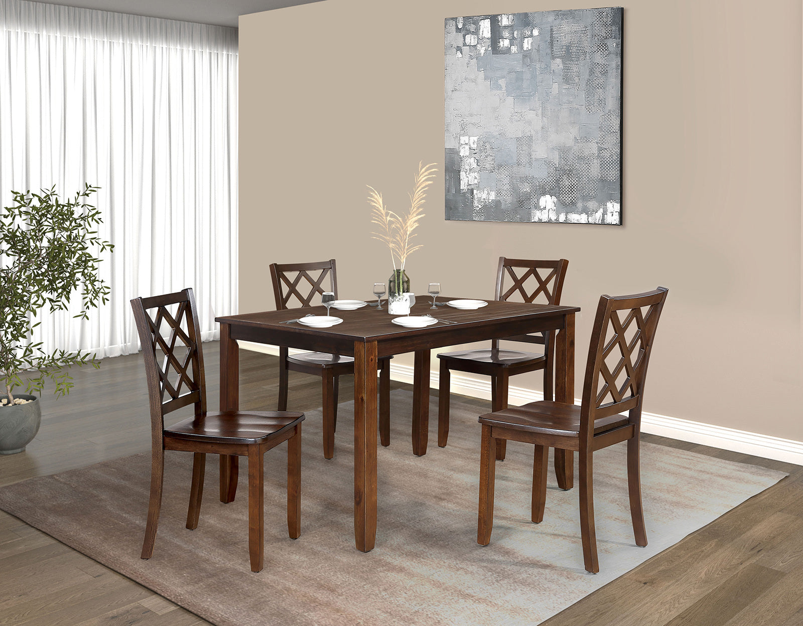 Transitional Style 5pc Dining Table Set 1x Table & 4x Chairs Rectangle Dining Table Diamond Pattern Chairs Back Dark Cherry Finish