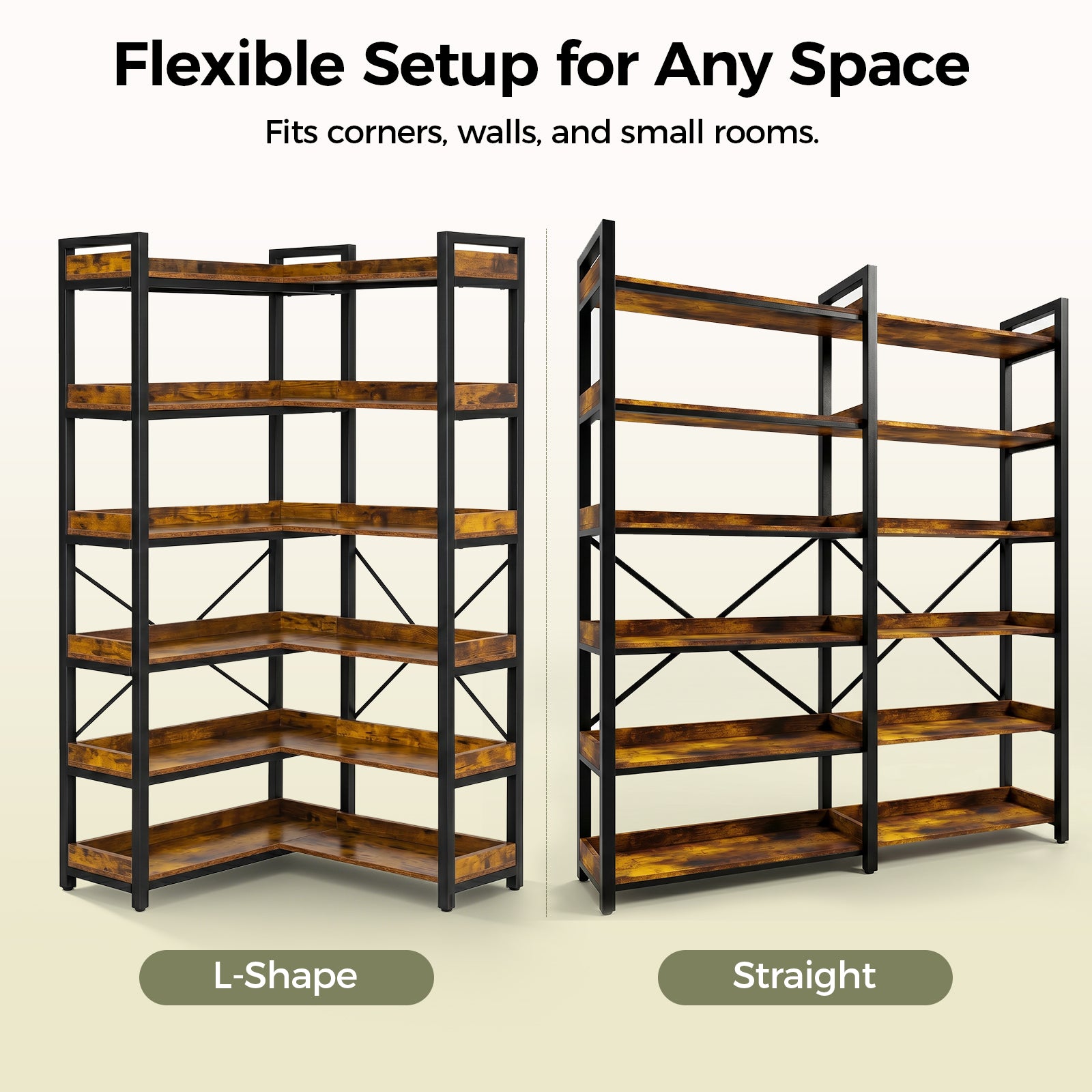 COMHOMA 5-Tier/6-Tier Corner Bookshelf, L-Shaped Metal Frame Shelf with Tall 14" Shelves HBOK1