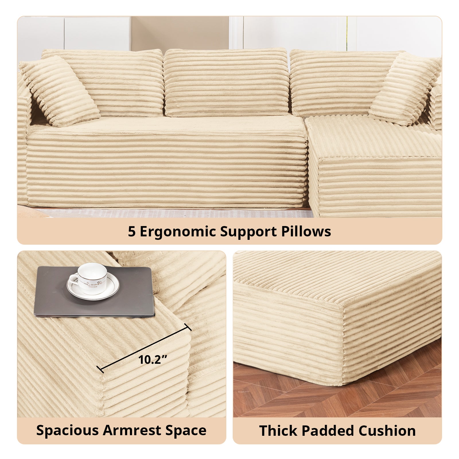 COMHOMA Modular Sectional Couch with L/R-Shape Chaise, Corduroy Upholstery & No Assembly Required B10