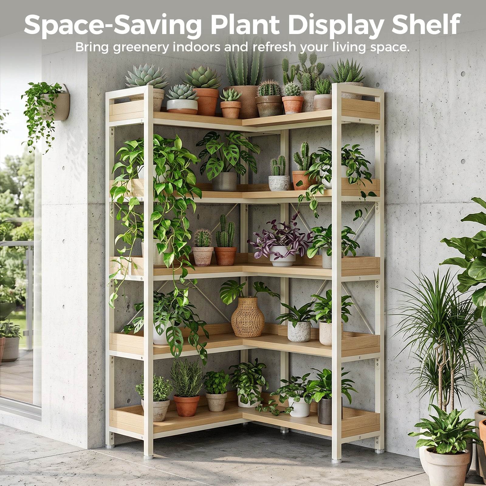 COMHOMA 5-Tier/6-Tier Corner Bookshelf, L-Shaped Metal Frame Shelf with Tall 14" Shelves HBOK1